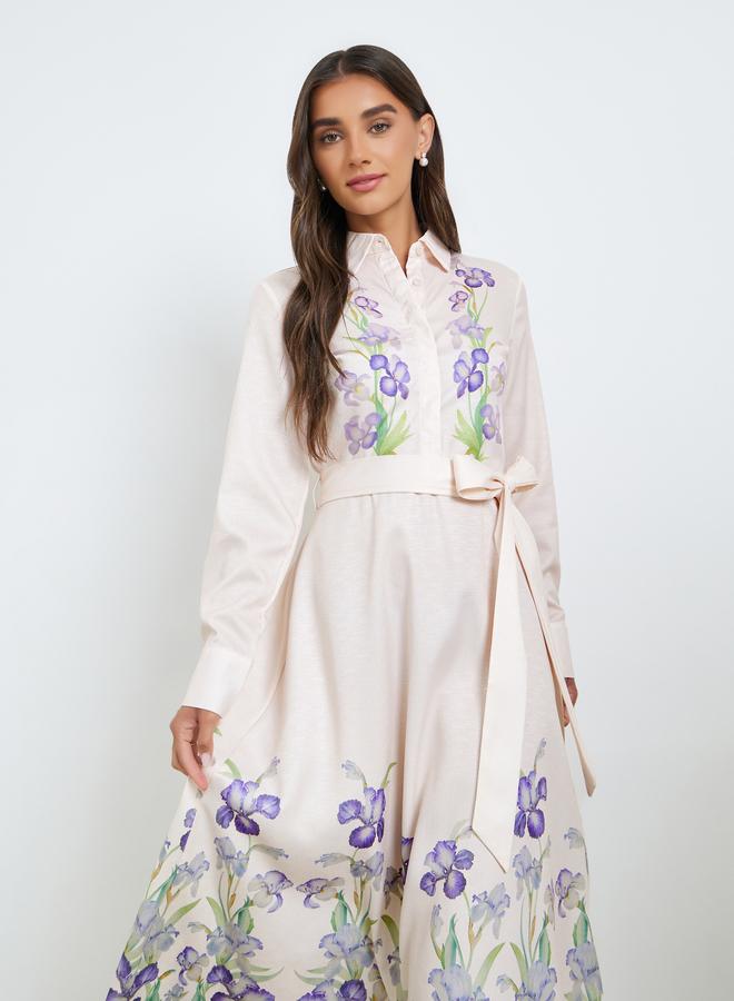 Women Peach Floral Print Long Sleeve A-Line Maxi Dress